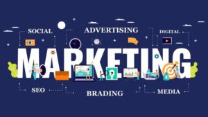 Digital marketing illustration showing SEO, advertising, branding, social media, and media strategy concepts around the word “MARKETING” with laptops, analytics, and target icons. 