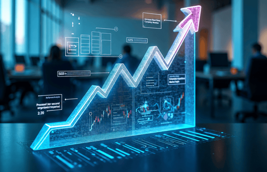 "Business growth analytics dashboard displaying performance metrics, data visualization, and upward revenue trends."