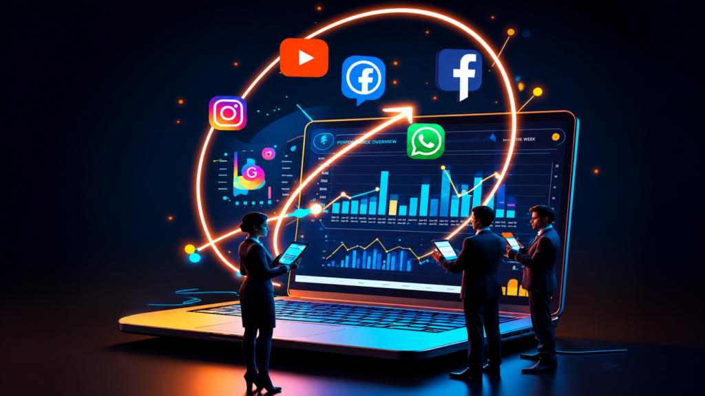 Digital marketing strategy dashboard with social media marketing analytics, business growth charts, SEO performance metrics, and professional marketers managing online campaigns on a laptop.