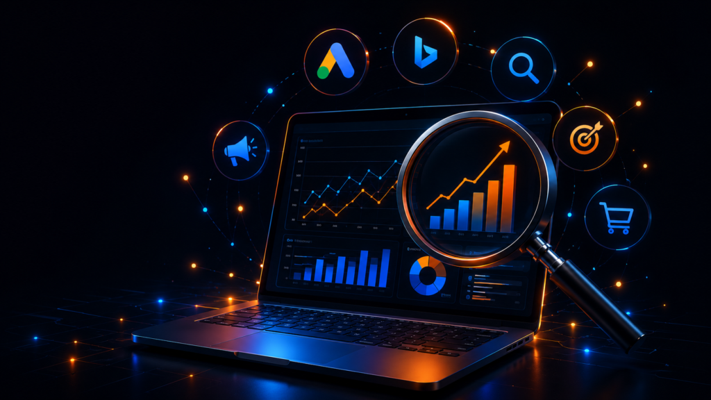 SEO analytics and digital marketing dashboard featuring a magnifying glass over performance charts, keyword research tools, search engine optimization metrics, online advertising strategies, and website growth analysis.