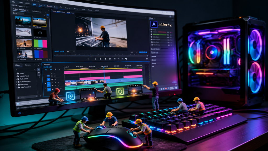 "Professional video editing workstation showcasing content creation, post-production workflow, and multimedia editing tools."