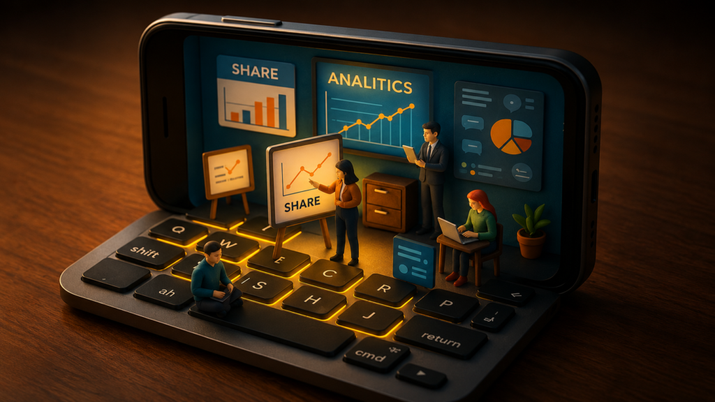 "Digital marketing team analyzing analytics data, social media performance, and business growth insights on a mobile dashboard."