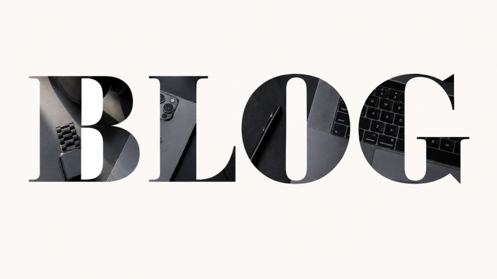 Large bold serif text spelling "BLOG" on a cream background, with a dark flatlay photo of tech gadgets visible through the letterforms as a clipping mask effect