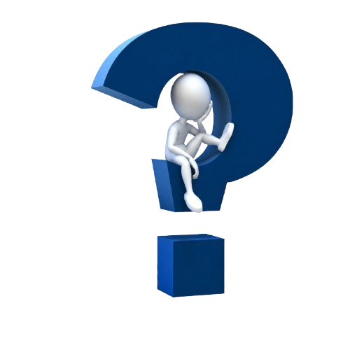 3D illustration of a white stick figure sitting pensively inside a large blue question mark against a transparent background.