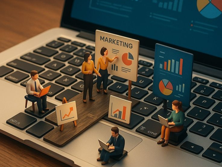 "Marketing professionals analyzing campaign performance, business metrics, and digital growth strategies on a laptop."