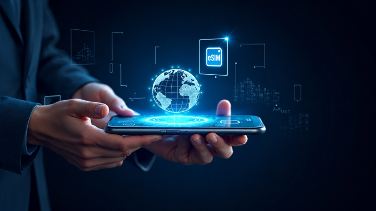 Futuristic holographic globe and eSIM icon projected from a smartphone held in hands against a dark blue digital technology background.