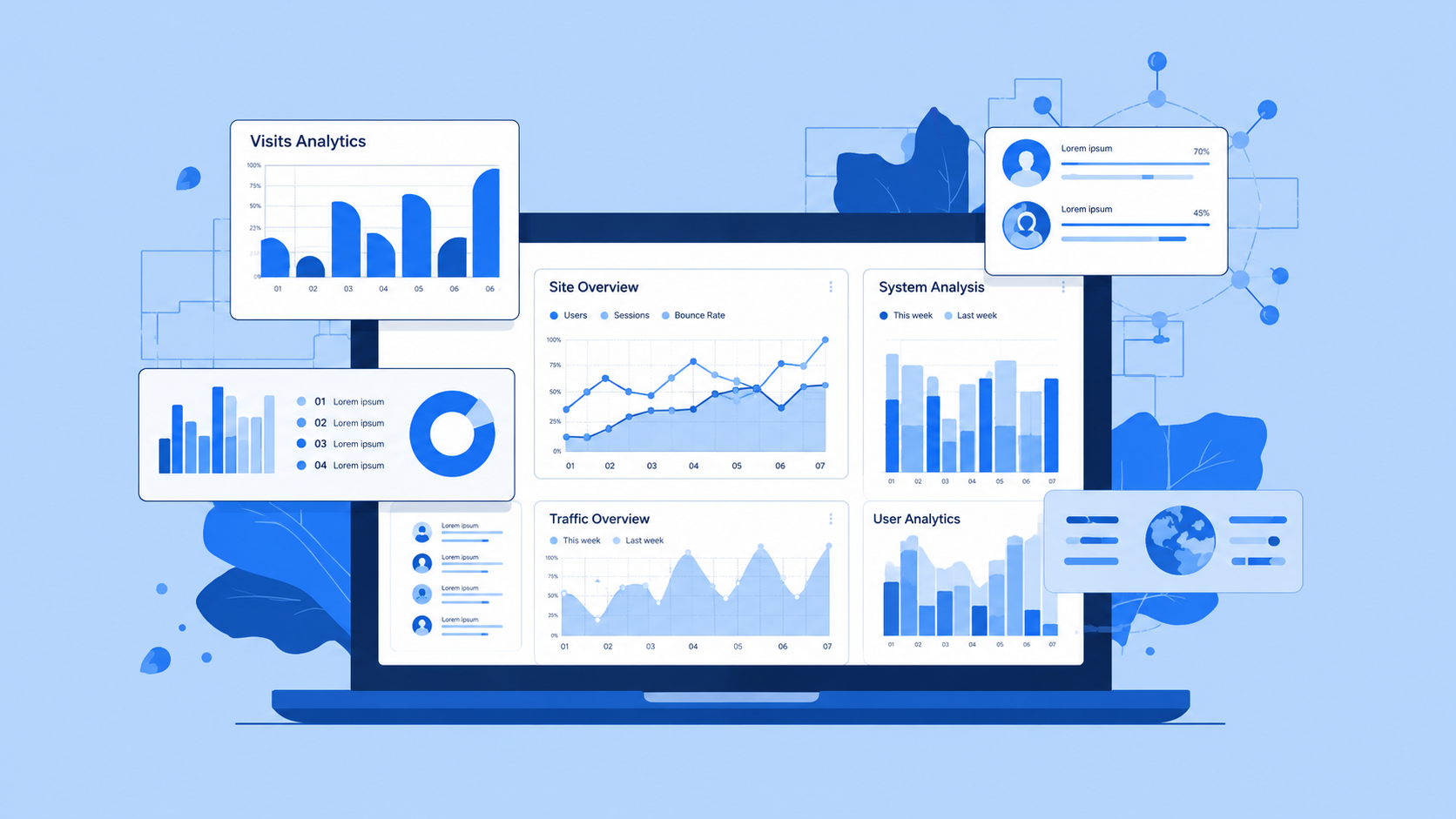 Modern SEO competitor analysis dashboard illustration featuring laptop screens with analytics charts, traffic reports, keyword performance graphs, and digital marketing data visualization in a blue minimalist design.