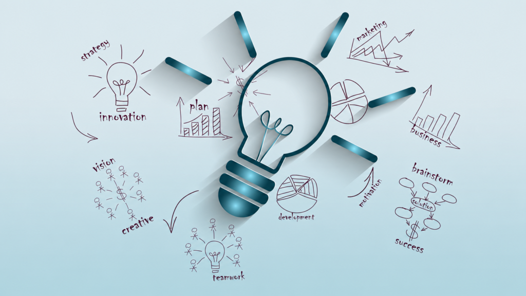 Creative business strategy illustration with a central lightbulb, marketing charts, teamwork icons, innovation concepts, and growth planning elements representing digital marketing and business development.