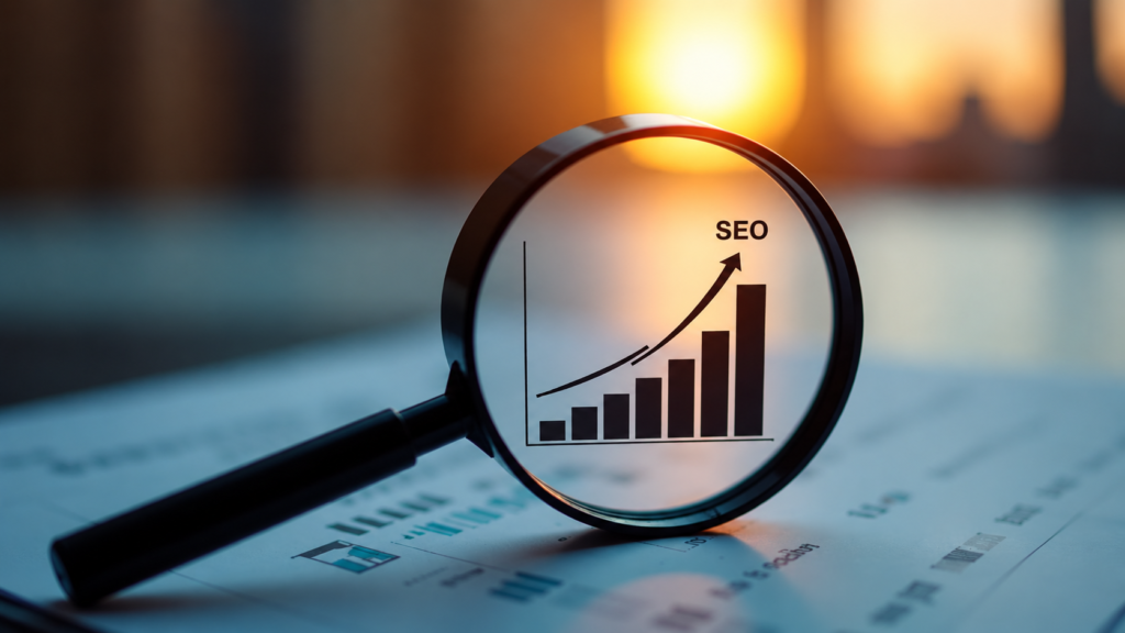 SEO analysis concept showing a magnifying glass over a growth chart with rising rankings, website traffic improvement, search engine optimization strategy, and digital marketing performance metrics.