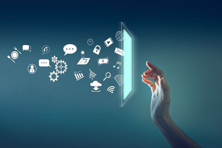 Digital marketing concept with a hand and digital icons