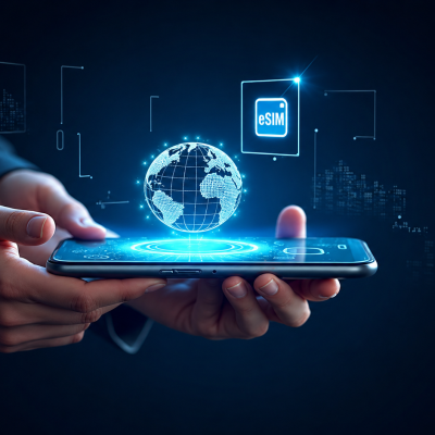 Futuristic holographic globe and eSIM icon projected from a smartphone held in hands against a dark blue digital technology background.