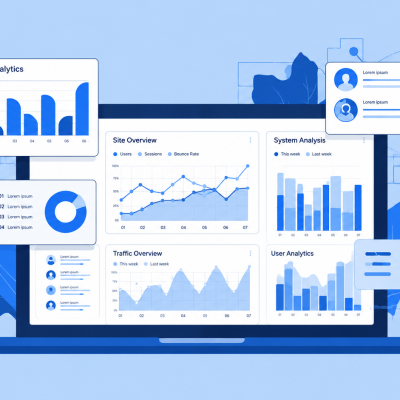 Modern SEO competitor analysis dashboard illustration featuring laptop screens with analytics charts, traffic reports, keyword performance graphs, and digital marketing data visualization in a blue minimalist design.